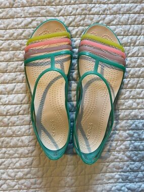 CROCS Women’s Teal Jelly Sandals with Lime, Pink, Coral, and Gray Straps